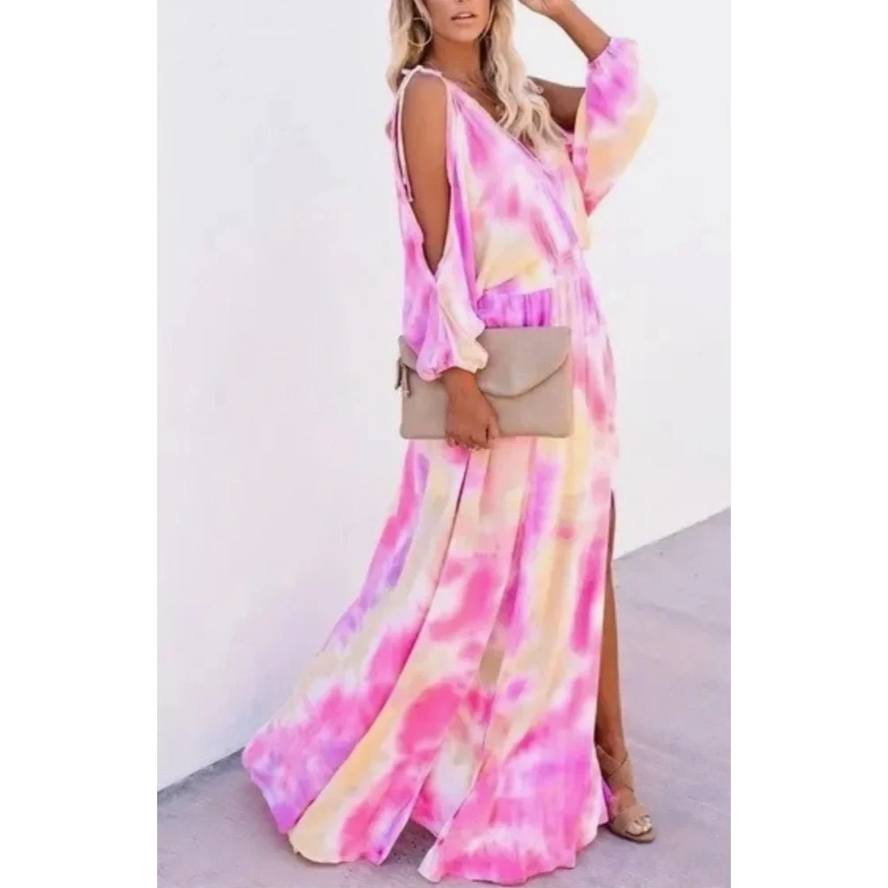 Vici Tequila Sunset Tie Dye Cold Shoulder Maxi Dress Beach Coastal Resort S - Picture 3 of 15